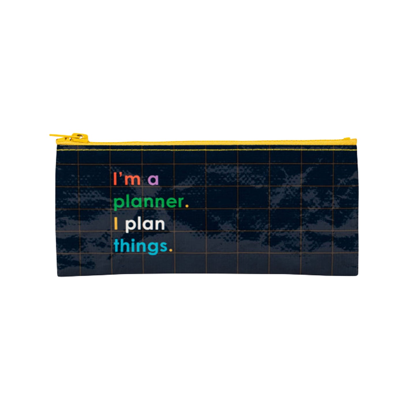 Dunkelblaues Federmäppchen mit gelbem Reißverschluss und Schriftzug 'I'm a planner. I plan things.' in bunten Buchstaben