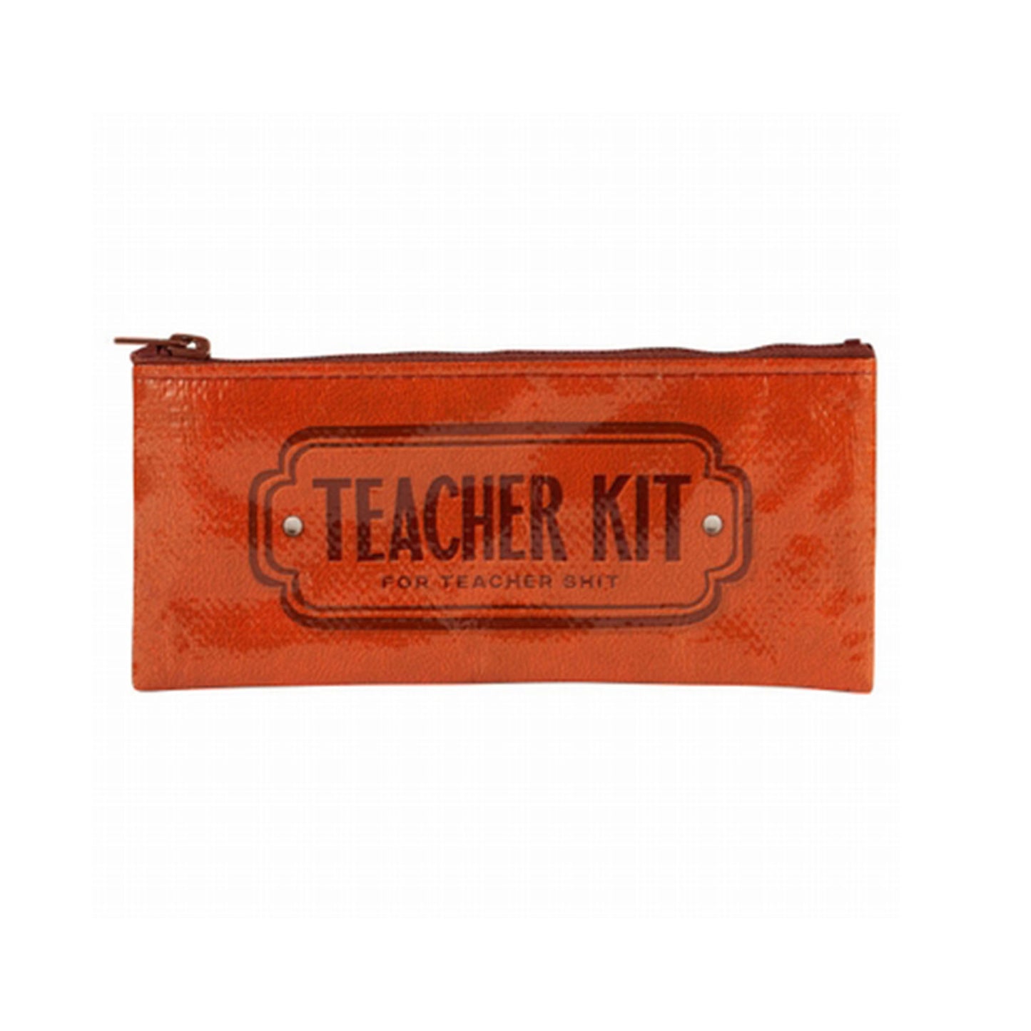 Orangenfarbenes Stiftemäppchen mit Reißverschluss und Aufdruck 'TEACHER KIT for teacher shit'