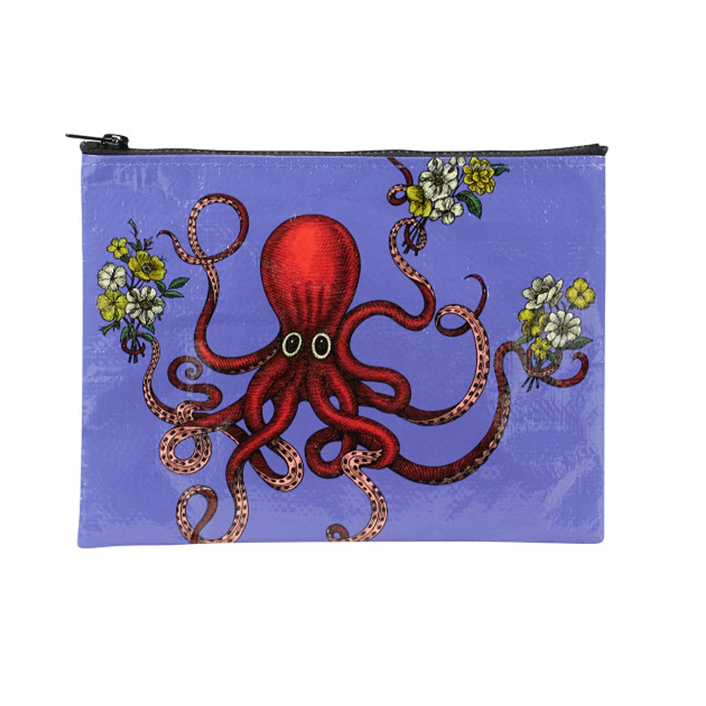 Blaue Blue Q Zipper-Tasche mit rotem Oktopus, der in seinen Tentakeln gelbe und weiße Blumensträuße hält.