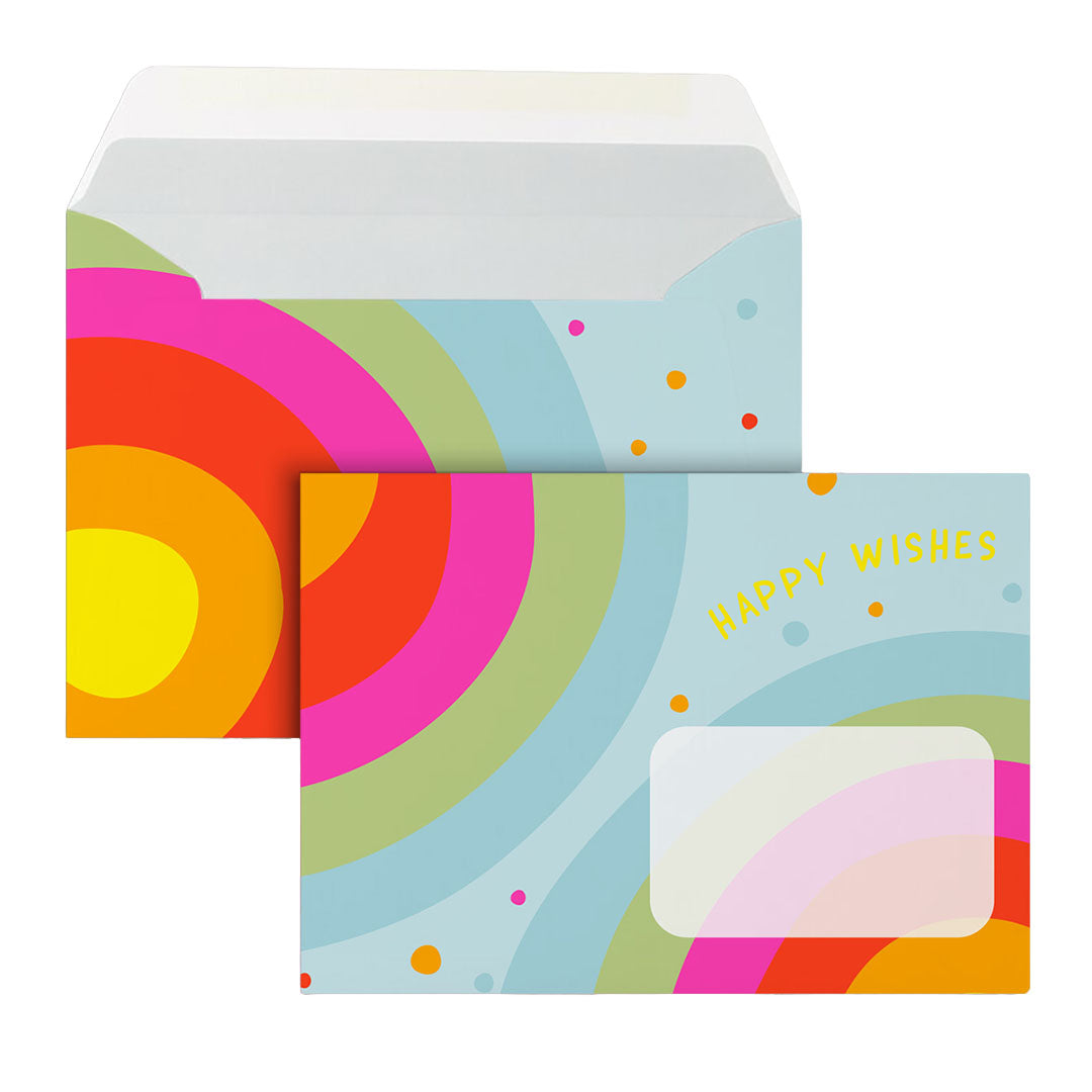 Bunter Neon-Briefumschlag mit Regenbogen-Halbkreisen in Gelb, Orange und Pink sowie 'Happy Wishes' Aufdruck und Adressfenster.