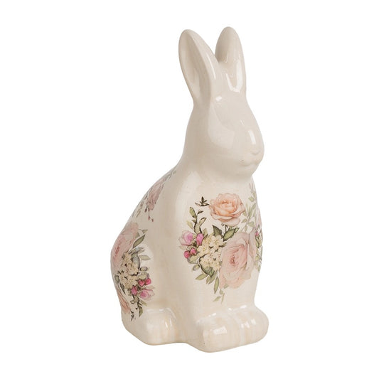 Sitzende Deko-Hasenfigur mit Blumenmotiven, nostalgische Osterdekoration von Clayre & Eef, cremefarbener Hase mit Rosen-Print.