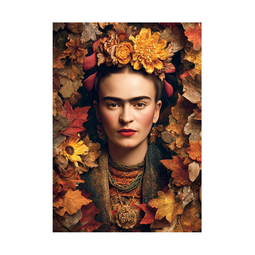Porträt einer Frau mit charakteristischer Monobraue und Blumenkrone, umrahmt von einem dichten Kranz aus bunten Herbstblättern und warmen gelben Dahlien. Frida Kahlo Style