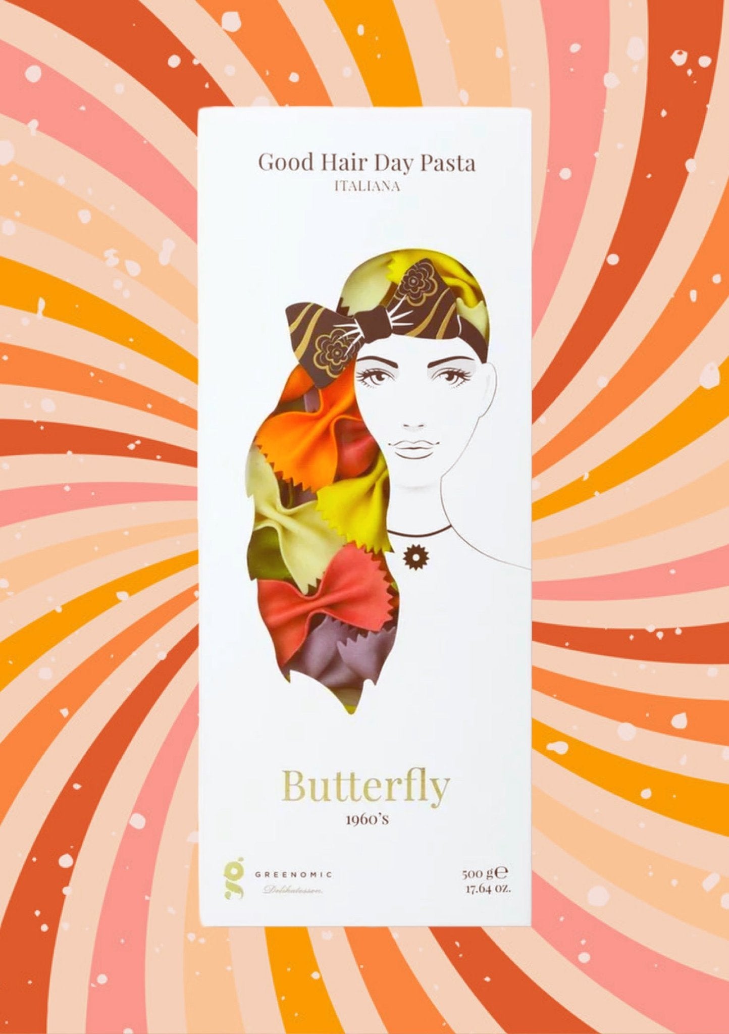 Verpackung für 'Good Hair Day Pasta' mit bunten Schmetterlingsförmigen Nudeln und weiblicher Illustration, 500 g