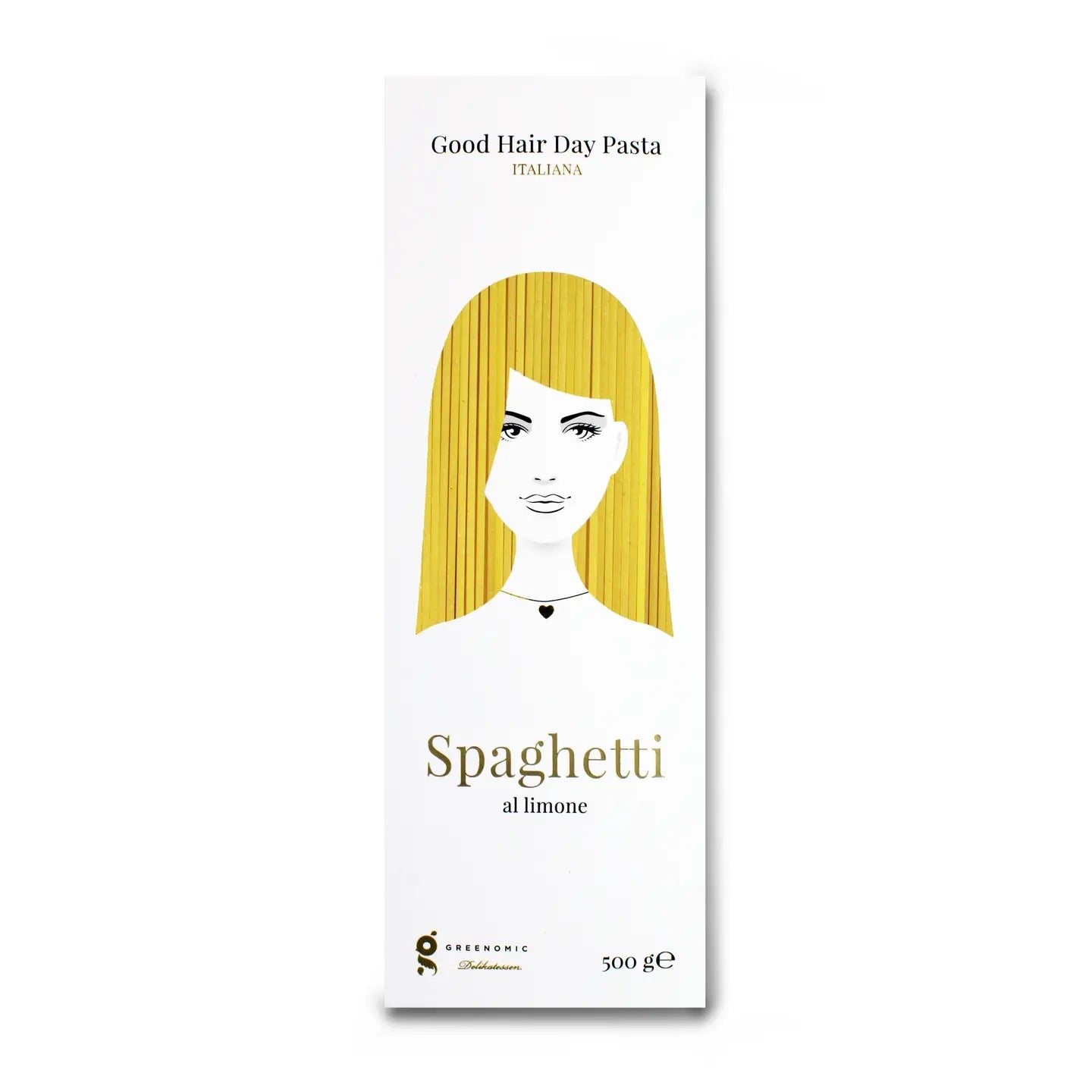 Verpackung für Good Hair Day Pasta Spaghetti al Limone, 500 g, mit Illustration von langen Spaghetti als Haare