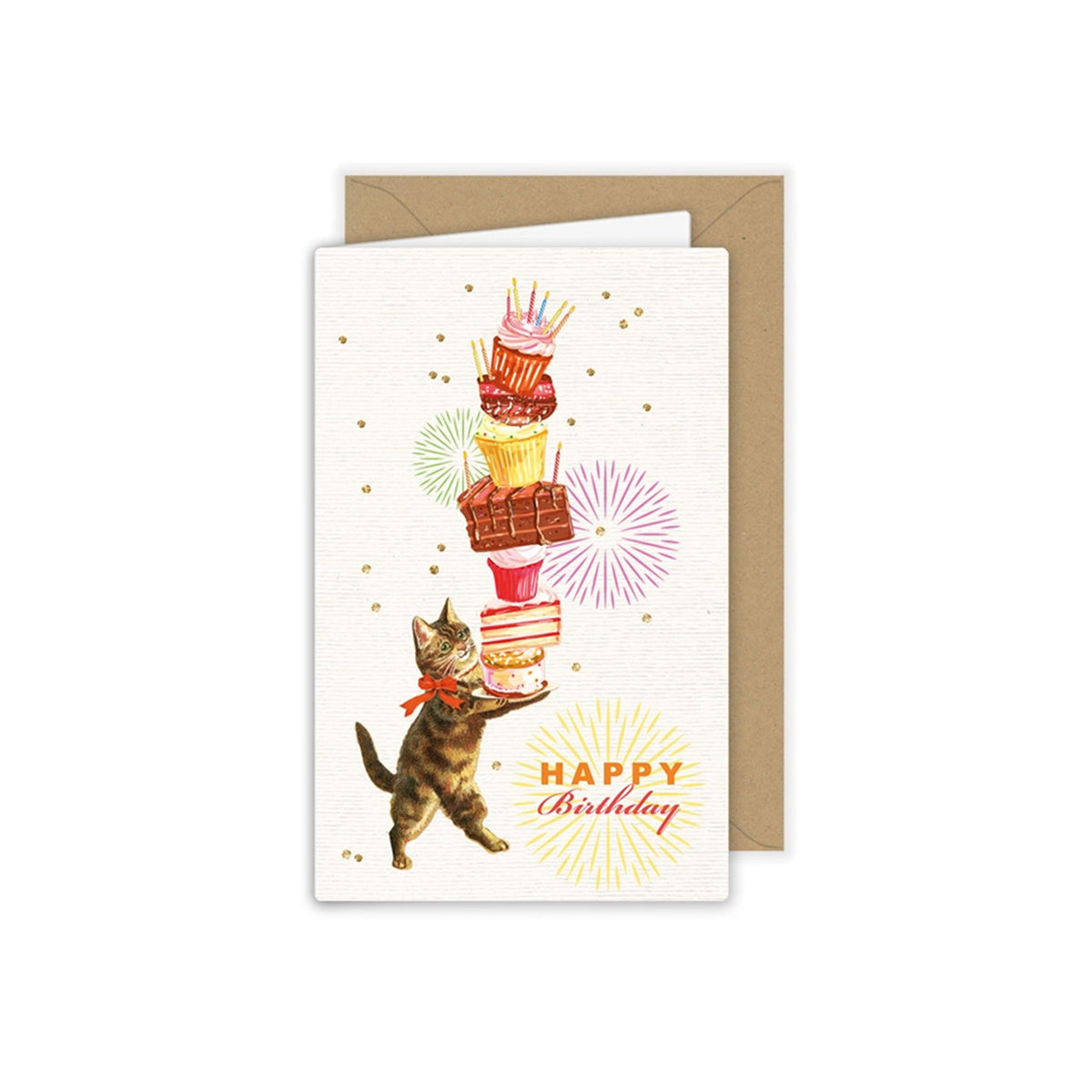 Geburtstags-Klappkarte mit einer stehenden Katze im Vintage-Stil, die eine Platte mit einem wackeligen, hohen Stapel aus bunten Törtchen, Kuchen und Kerzen balanciert. Rechts unten steht in einem Strahlenkranz der Schriftzug „HAPPY Birthday“.