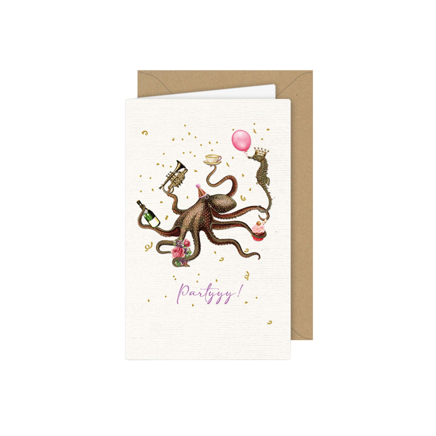 Party-Grußkarte im Vintage-Stil: Ein Oktopus mit Partyhut hält in seinen Tentakeln eine Trompete, eine Champagnerflasche, Blumen, einen Cupcake, eine Kaffeetasse und einen rosa Luftballon, an dem ein kleines Seepferdchen mit Krone hängt. Unten steht in lila Schrift das Wort „Partyyy!“.