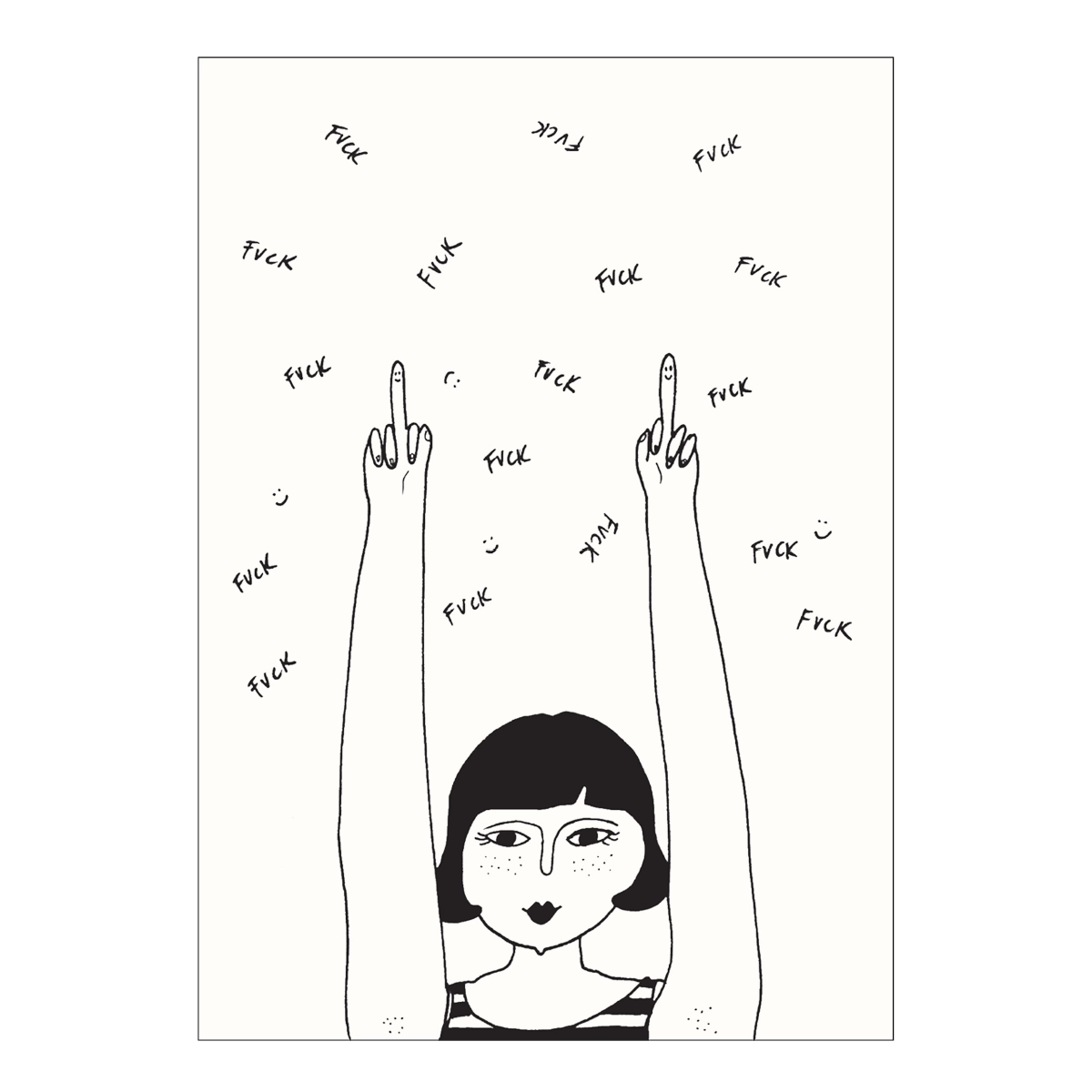 Schwarz-Weiß-Illustration einer lächelnden Person mit kurzen dunklen Haaren, die beide Mittelfinger nach oben streckt. Auf den Fingerkuppen sind kleine Smileys gezeichnet. Im Hintergrund schweben verstreut die Wörter „FuCK“ und kleine Smileys.