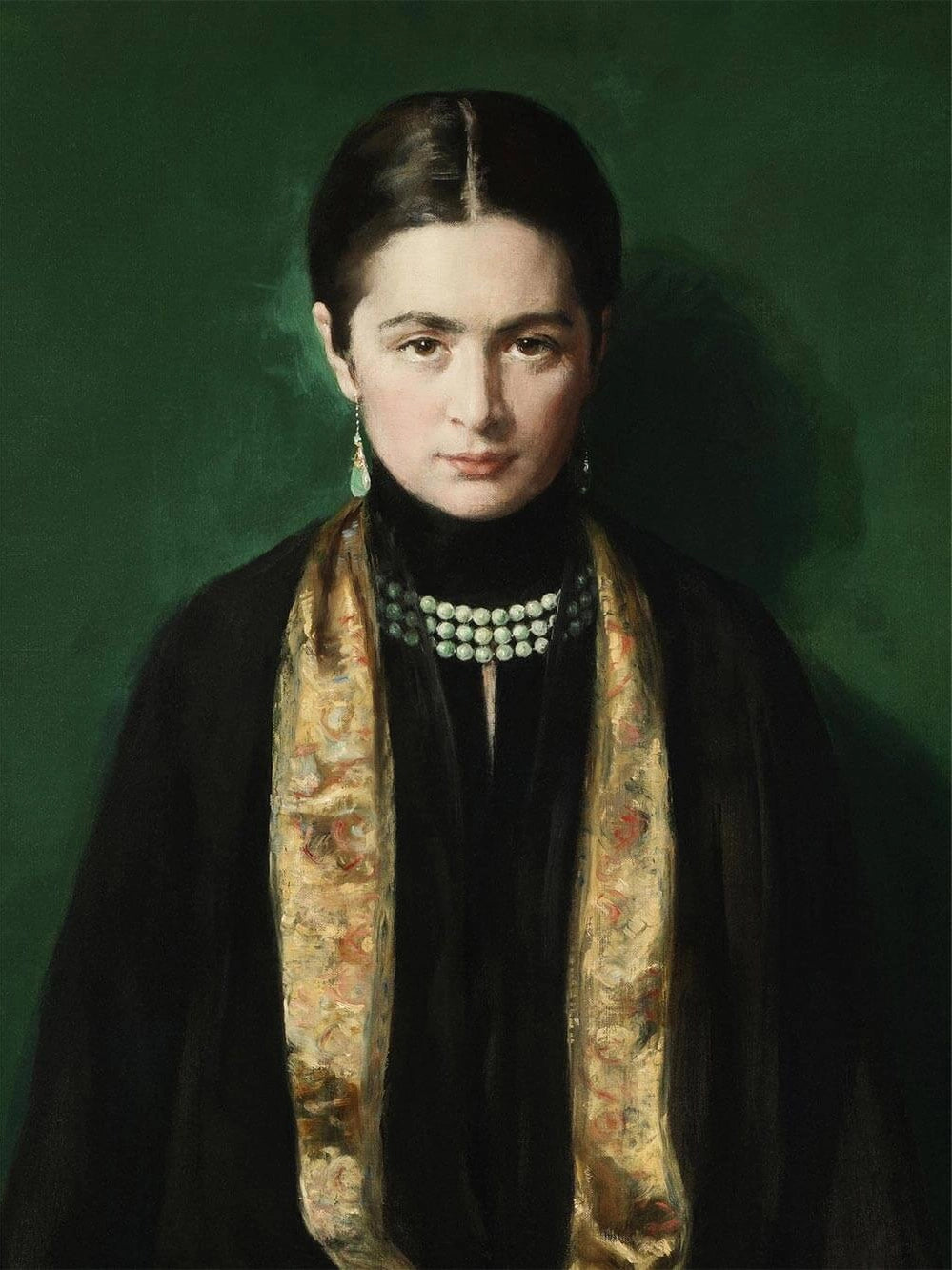 Kunst-Reproduktion von John Colliers Gemälde "Mrs. Dalahaye" (ca. 1926) – Elegantes Porträt einer Frau in schwarzem Kleid vor dunkelgrünem Hintergrund.