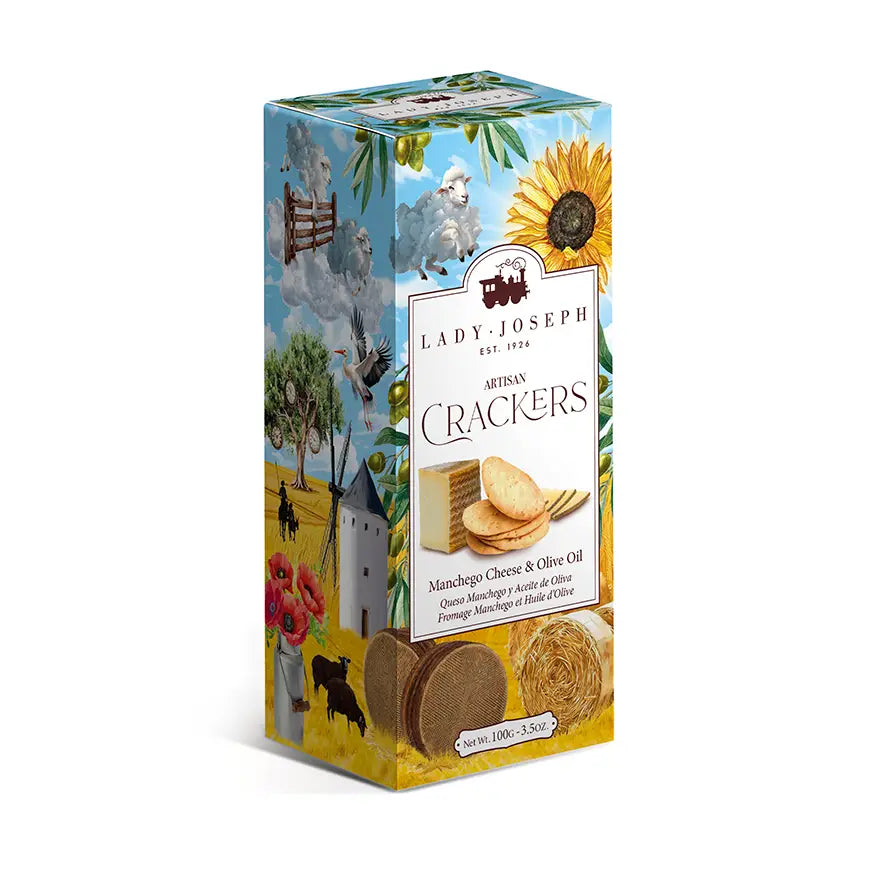 Lady Joseph Cracker mit Manchego-Käse und Olivenöl 100g – Schrägansicht der Verpackung mit Windmühle und Landschaftsillustrierung