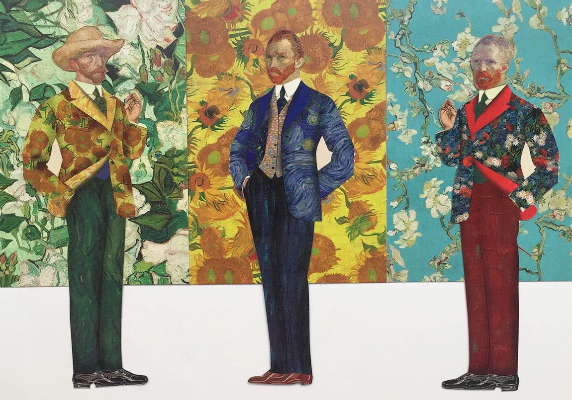 Drei formgestanzte Lesezeichen in Form von Vincent van Gogh stehen nebeneinander. Jede Figur trägt einen Anzug, der aus seinen berühmten Gemälden gemustert ist (Sonnenblumen, Sternennacht und rote Blüten), und ist vor einem jeweils farblich passenden, gemalten Hintergrund platziert.