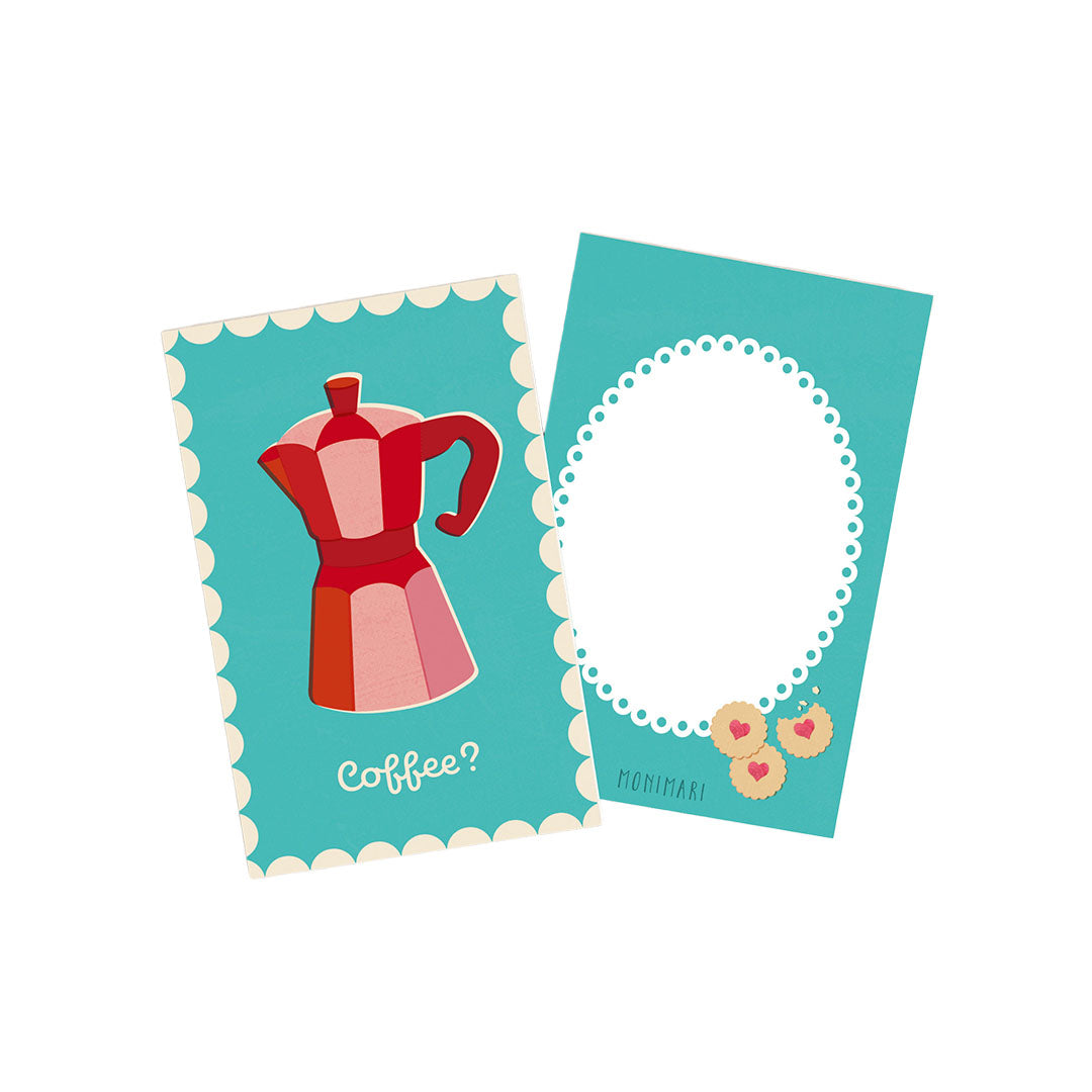 Minikarte von Monimari in Türkisblau. Vorderseite: Rot-rosa Espressokocher (Moka) mit der Aufschrift „Coffee?“ und gewelltem Rahmen. Rückseite: Türkisblauer Hintergrund mit weißem, geperltem Oval-Rahmen für Text und zwei kleinen Keksen unten rechts.