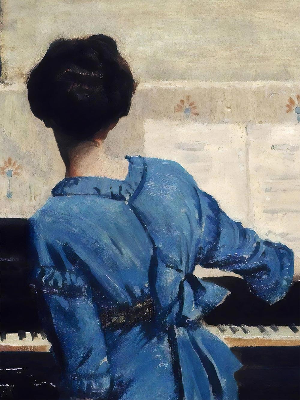 Kunst-Reproduktion von William Merritt Chases Gemälde "Der Grundton" (1915) mit einer Frau im blauen Kleid am Klavier.
