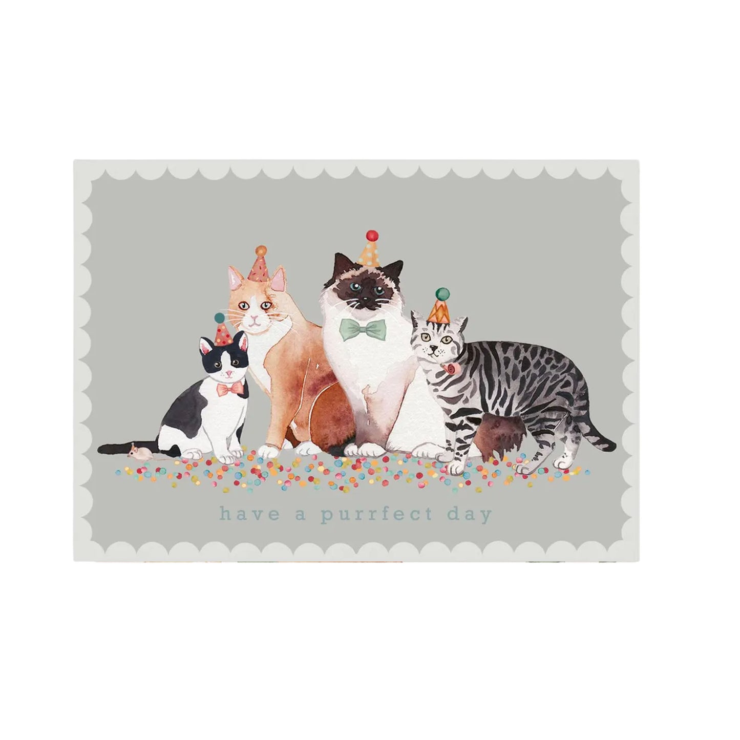 Aquarell-Illustration von vier Katzen mit Partyhüten und Konfetti, Text: "have a purrfect day".
