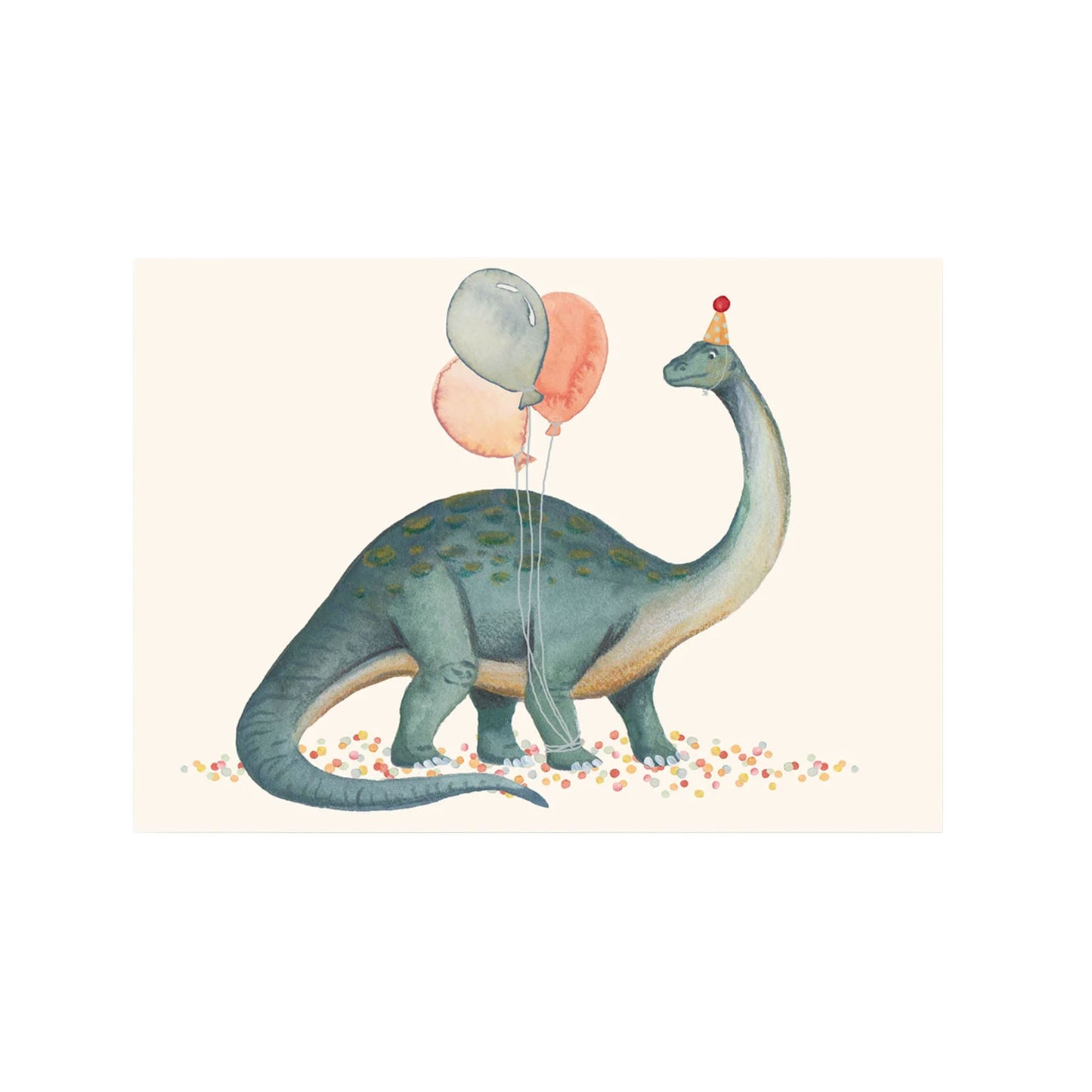 Illustration eines Brachiosaurus mit Partyhut und drei Luftballons an seinem Schwanz gebunden.