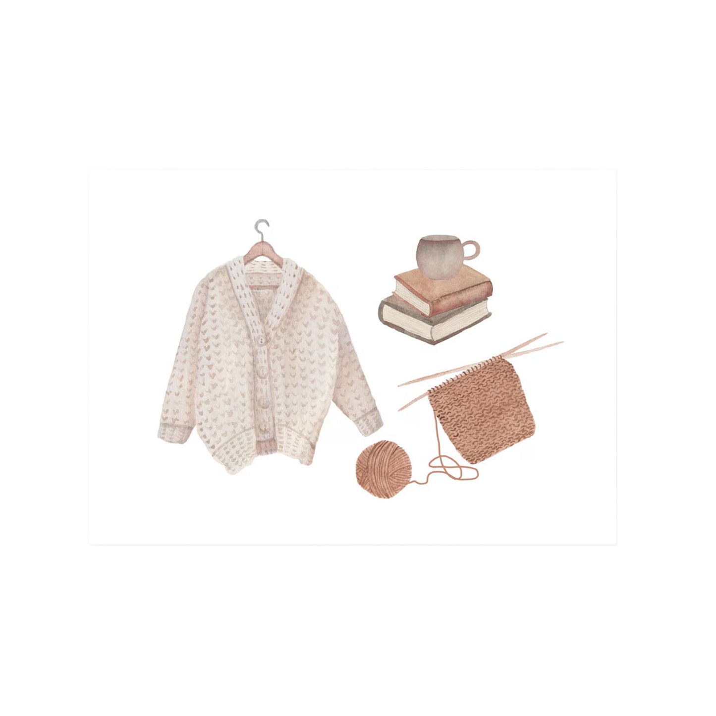 Aquarell-Zeichnung eines hellen Cardigans auf einem Bügel, Strickzeug, Bücherstapel und eine Tasse Tee.