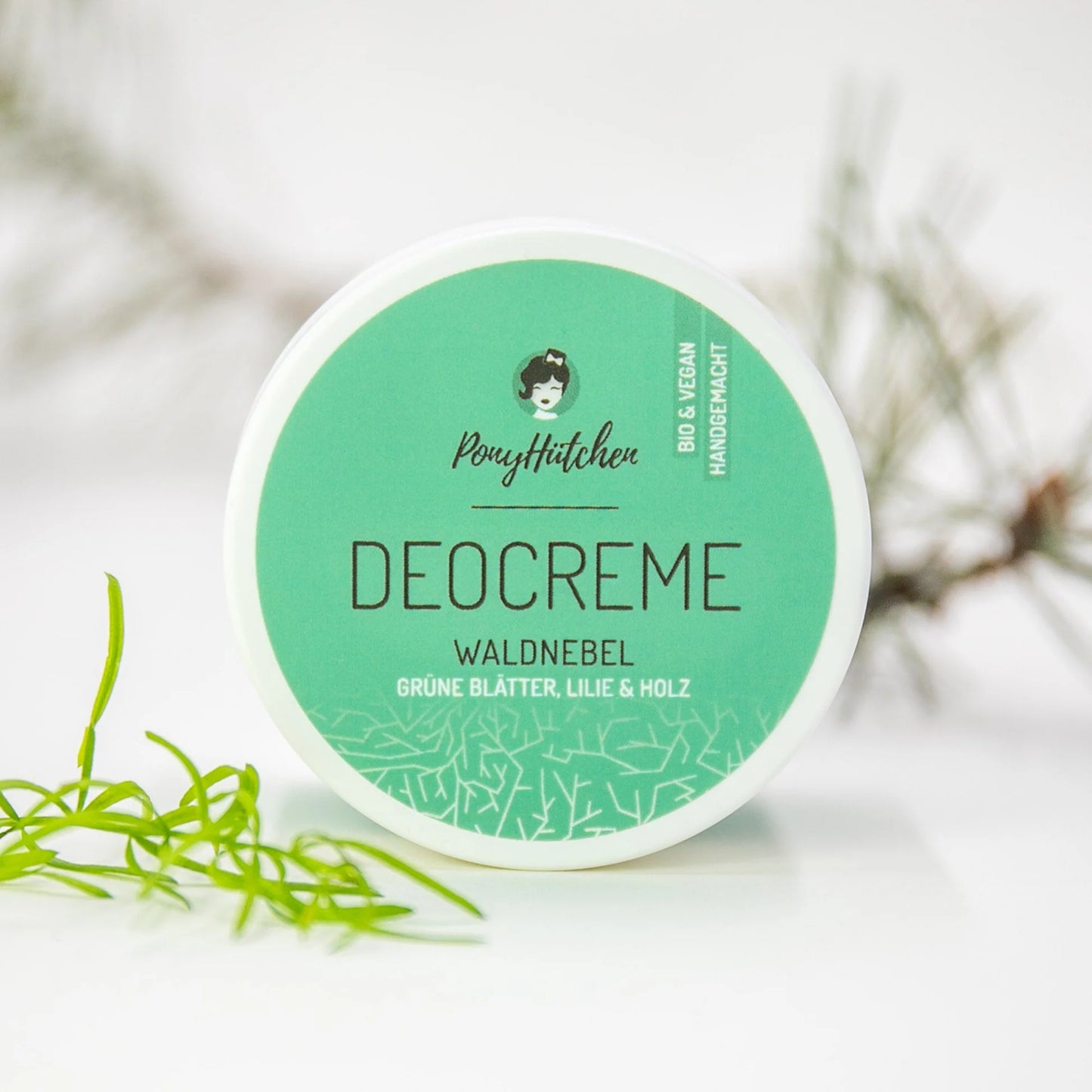 Ponyhütchen Deocreme Waldnebel mit grünen Blättern, Lilie und Holz, bio und vegan, handgemacht