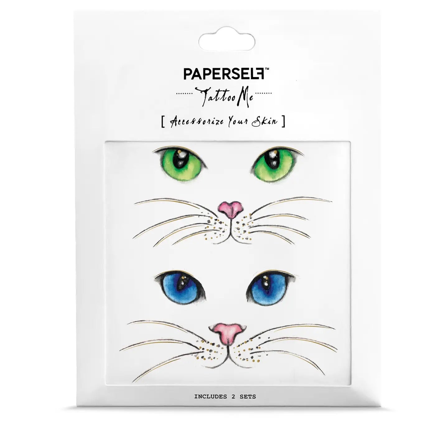 PAPERSelf Tattoo Me temporäre Tattoos mit Katzenaugen in Grün und Blau, rosa Nasen und Schnurrhaaren, zwei Sets