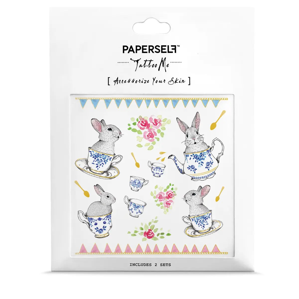 Temporäre Tattoos mit Hasen in blauen Teetassen, Teekanne, goldenen Löffeln und Rosenmotiven von PAPERSelf