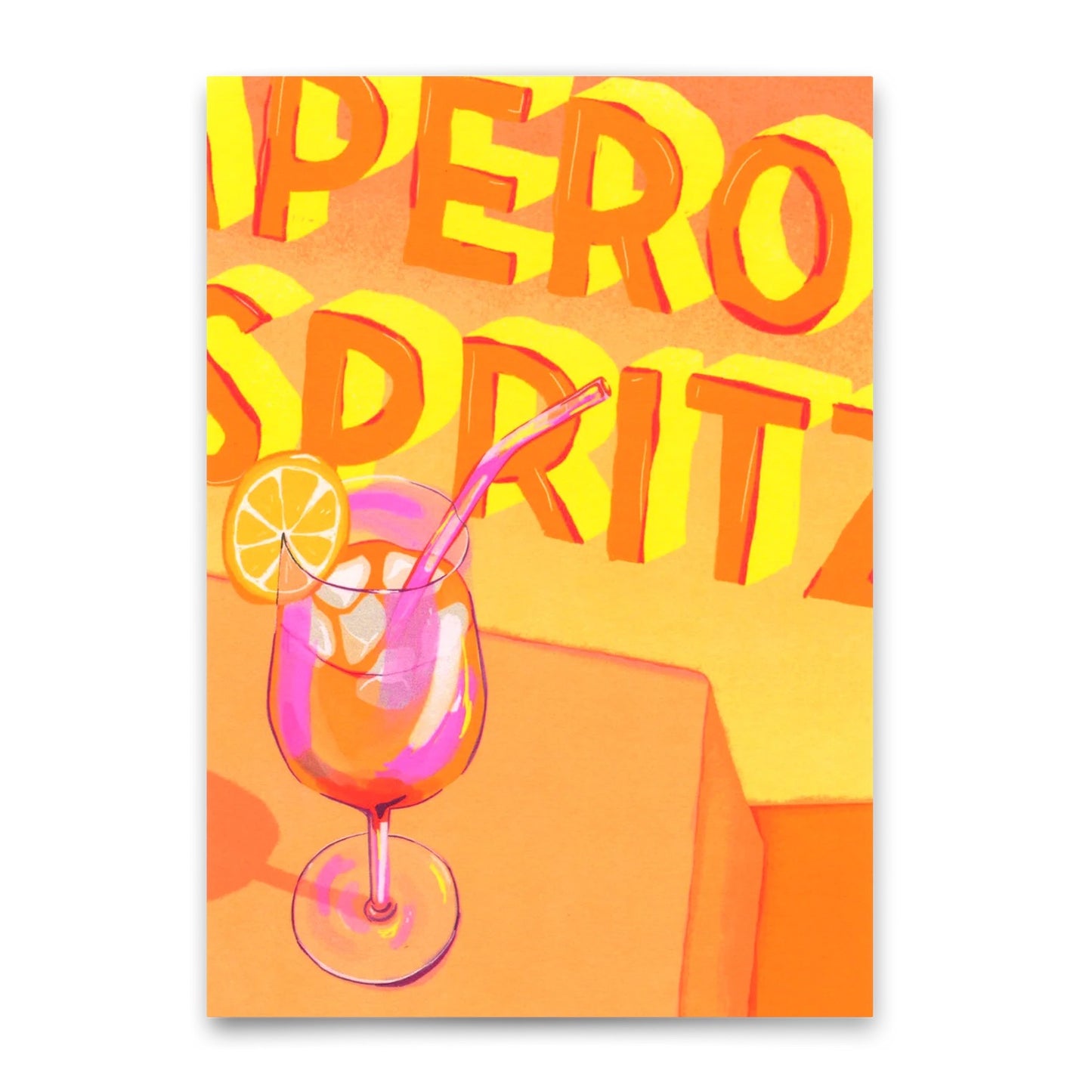 Cocktailglas mit Orangenscheibe und Strohhalm vor gelbem Hintergrund mit den Buchstaben 'PERO SPRITZ'