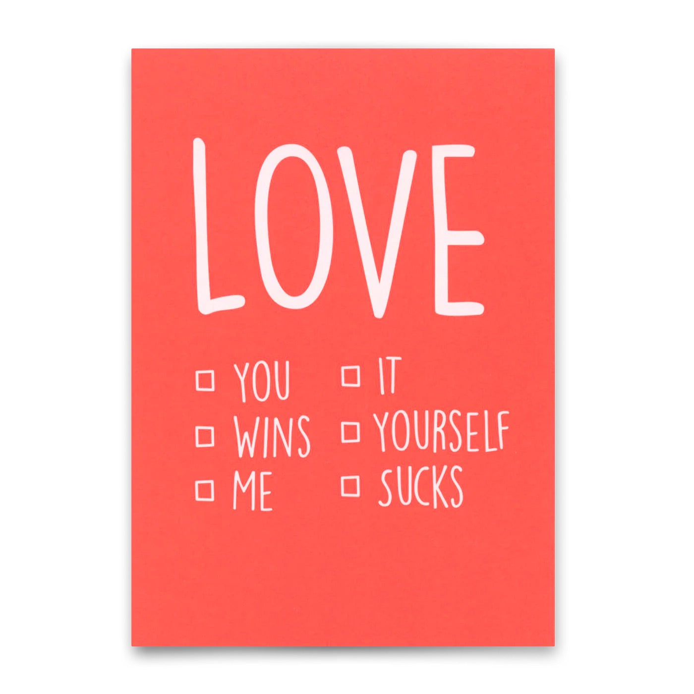 Diese Postkarte hat ein verspieltes Design auf einem korallenrosa Hintergrund mit dem Wort "LOVE" prominent oben in großen weißen Buchstaben. Unten ist eine humorvolle Multiple-Choice-Checkliste mit leeren Kontrollkästchen neben verschiedenen Optionen