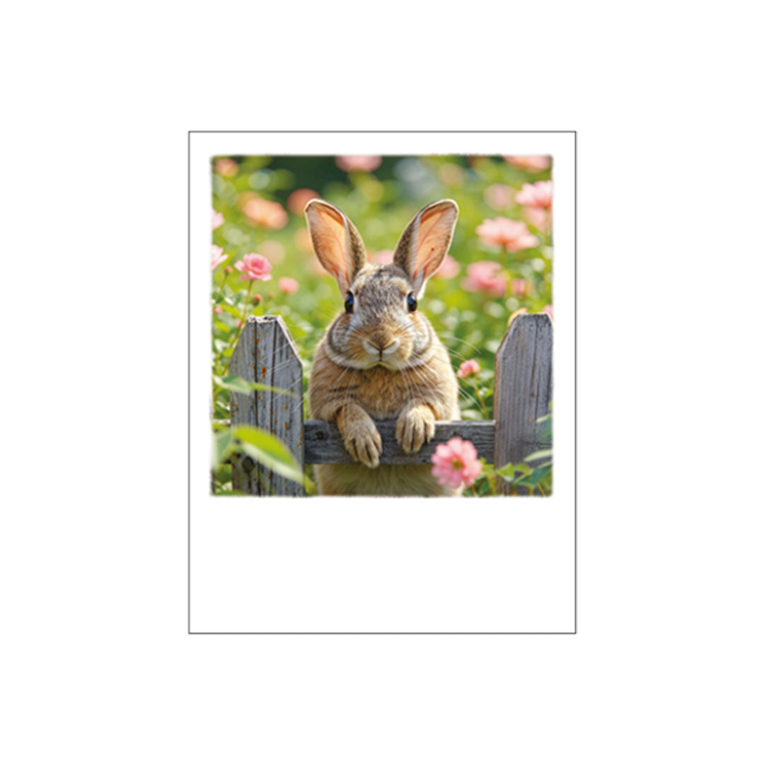 Ein flauschiger, brauner Hase lehnt mit den Pfoten an einem rustikalen Holzzaun. Im Hintergrund blühen rosa Blumen in einem sonnigen Garten.