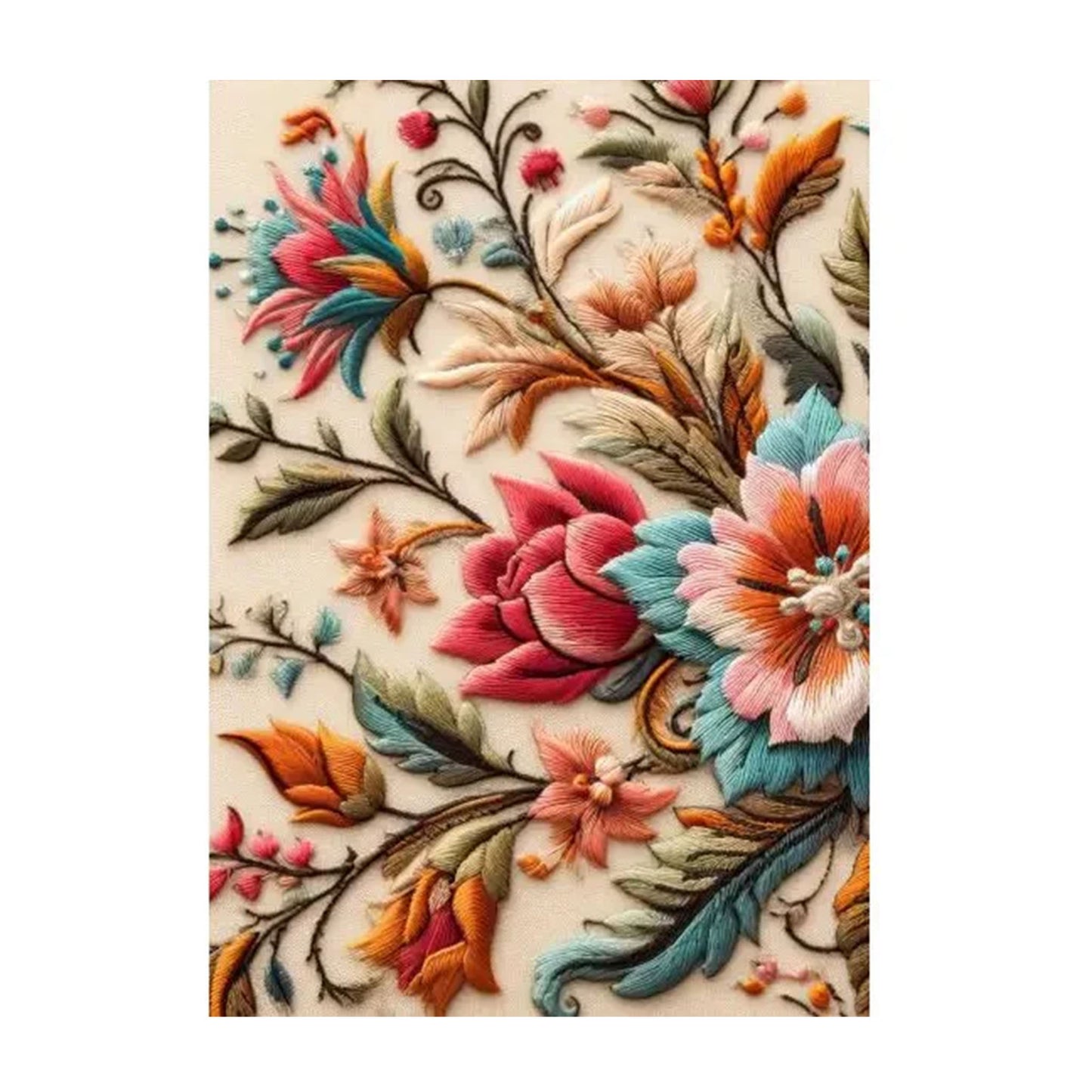 Postkarte Vintage Stickerei mit bunten Blumen und Blättern in Orange, Rot, Blau und Grün auf hellem Stoff