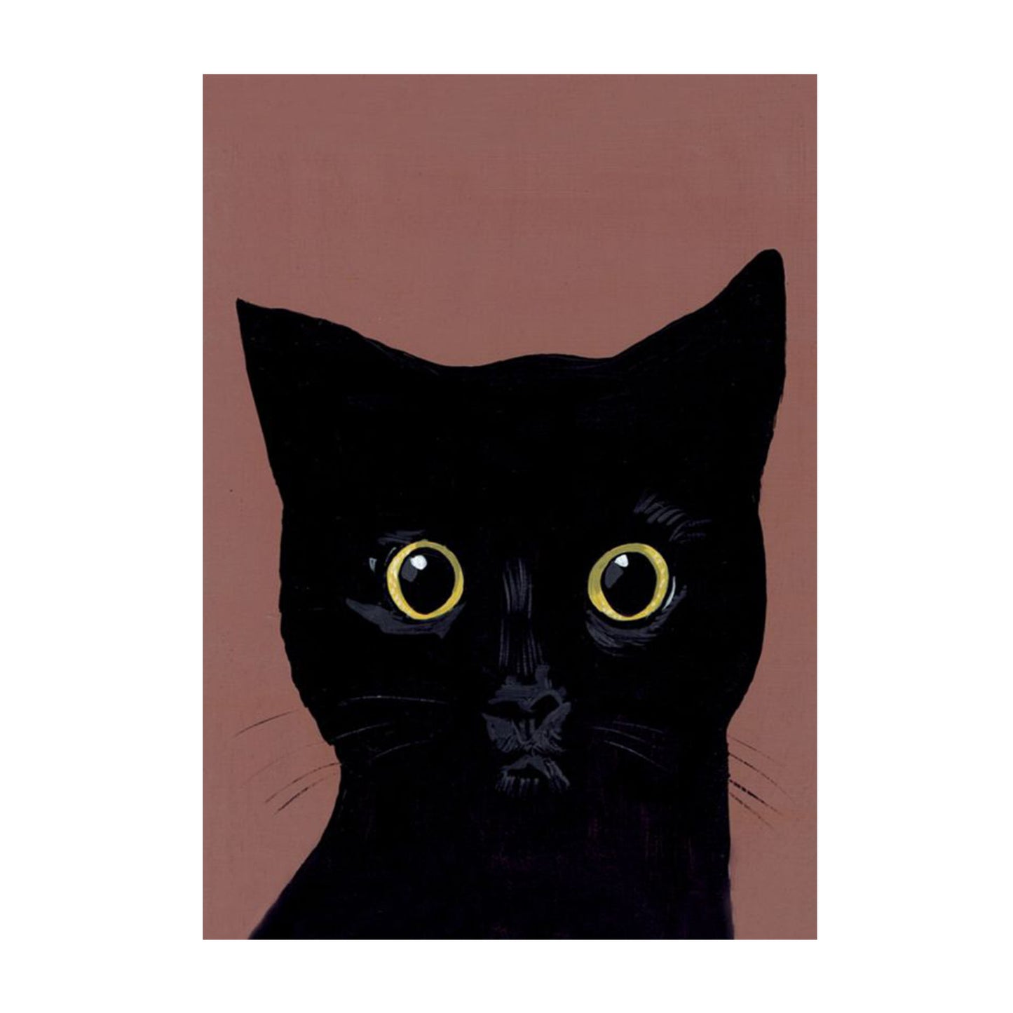 Eine minimalistische Malerei einer schwarzen Katze vor einem altrosa Hintergrund. Die Katze blickt den Betrachter direkt mit großen, runden, leuchtend gelben Augen an. Die Pinselführung ist grob und texturiert, was dem Tier einen intensiven, fast hypnotischen Ausdruck verleiht.