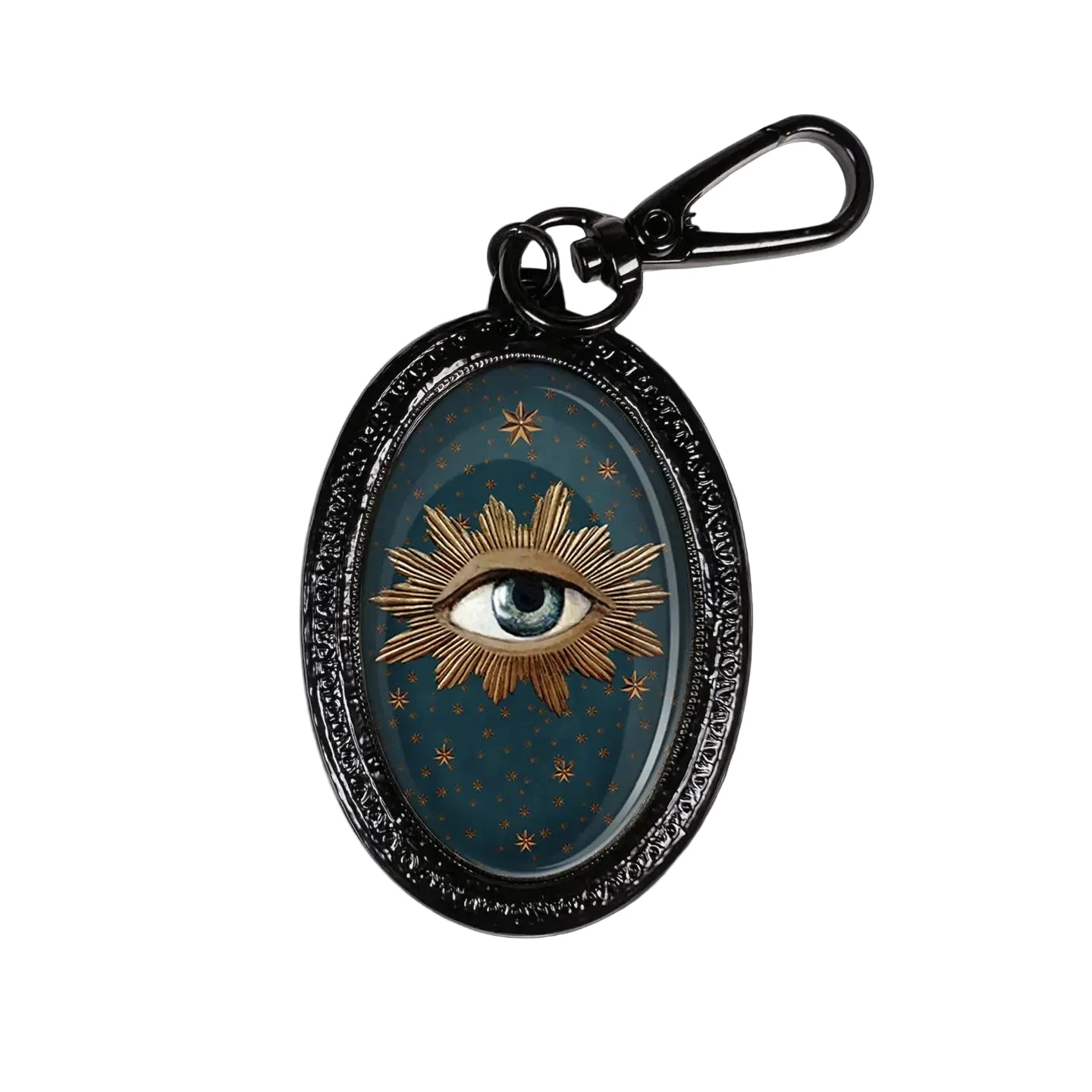 VOGLIO Bene Schlüsselanhänger Motiv Auge im Sternenhimmel, schwarzer Rahmen, mystisches Design.