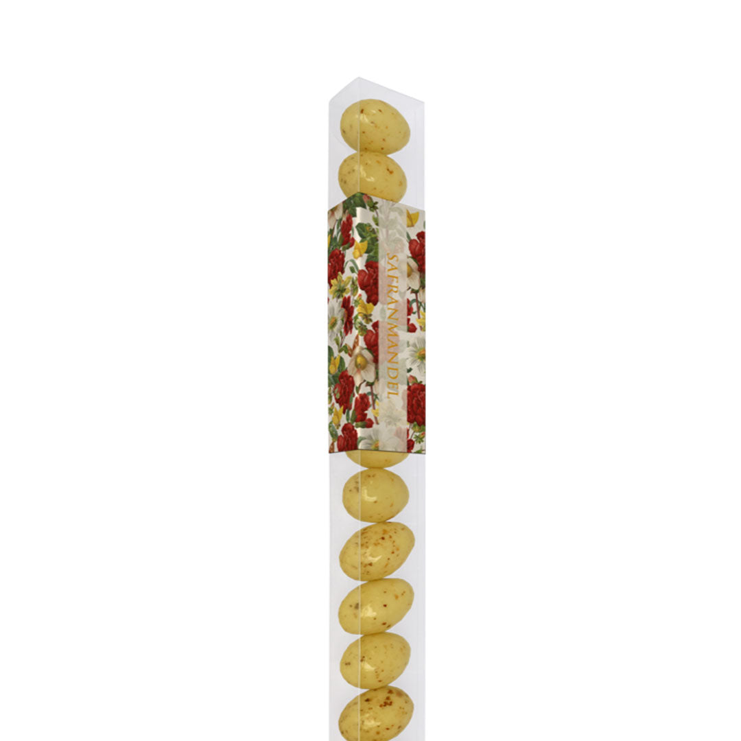 Sköna Ting Safranmandeln in schlanker transparenter Stangenverpackung mit Blumenmotiv