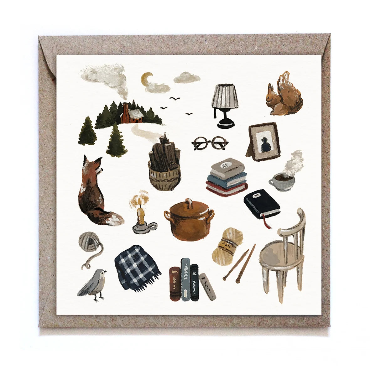 Studio Satsch Grußkarte mit Lese- und Hüttenmotiven: Fuchs, Eichhörnchen, Bücherstapel, Lesebrille, Kaffeetasse, Wolldecke, Strickzeug und eine kleine Hütte im Wald.