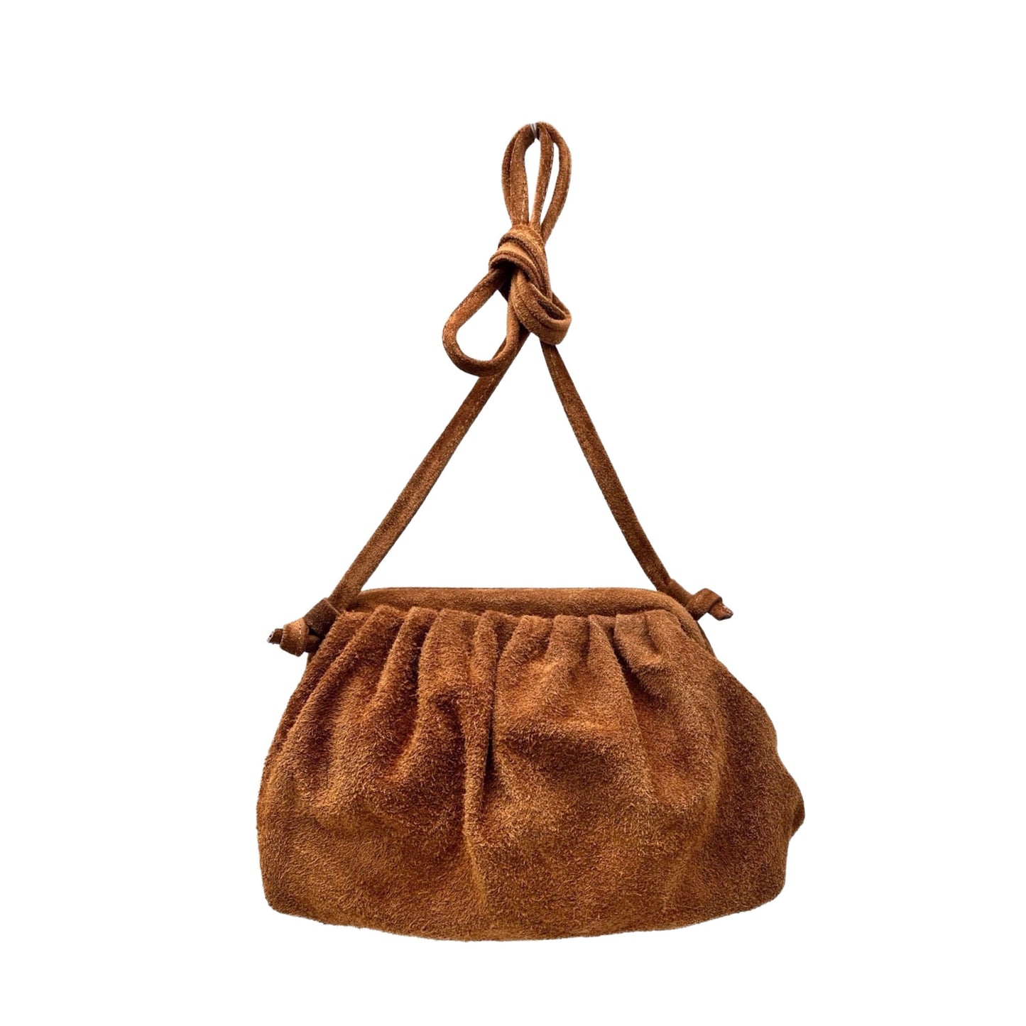 Elegante, braune Beuteltasche aus Samt-Wildleder mit geraffter Frontpartie und seitlichem Knoten-Detail.