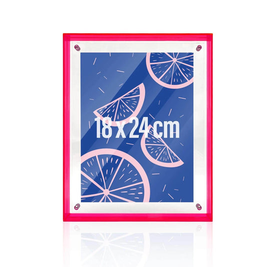 Neonpinker Bilderrahmen mit Einleger und Text '18 x 24 cm' in der Mitte