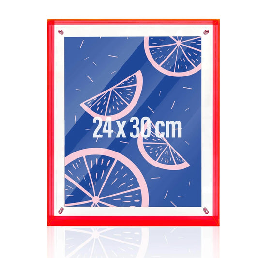 Neonpinker Bilderrahmen mit Einleger und Text '24 x 30 cm' in der Mitte