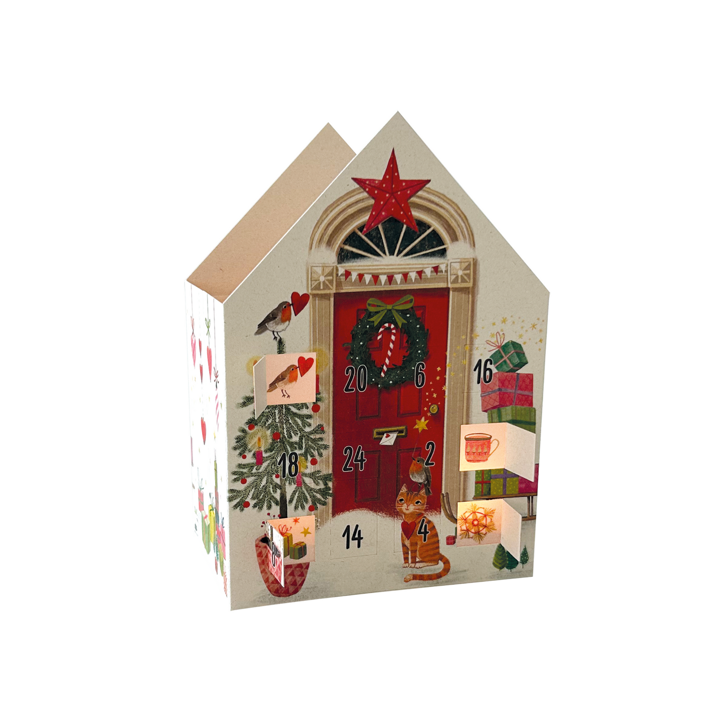 Adventskalender in Form eines Hauses mit roter Tür, Weihnachtskranz, Stern und Tiermotiven wie Eichhörnchen und Vogel, umgeben von Geschenken und Tannenzweigen.