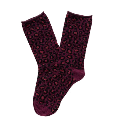 KLUE Glitter-Lurex-Socken aus Lyocell | Leopard Weinrot | 36-40