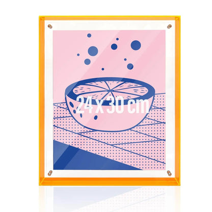 NeonOranger Bilderrahmen mit Einleger und Text '24x30 cm' in der Mitte