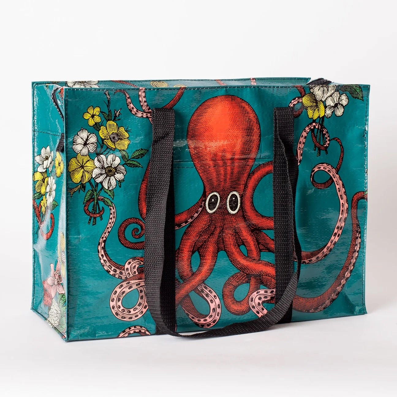 Tragetasche mit schwarzem Griff, bedruckt mit einem großen roten Oktopus und weißen Blumen auf türkisfarbenem Hintergrund