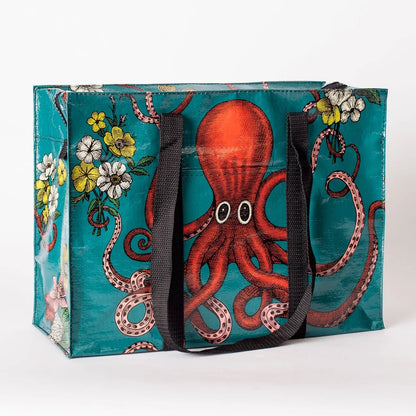 Tragetasche mit schwarzem Griff, bedruckt mit einem großen roten Oktopus und weißen Blumen auf türkisfarbenem Hintergrund
