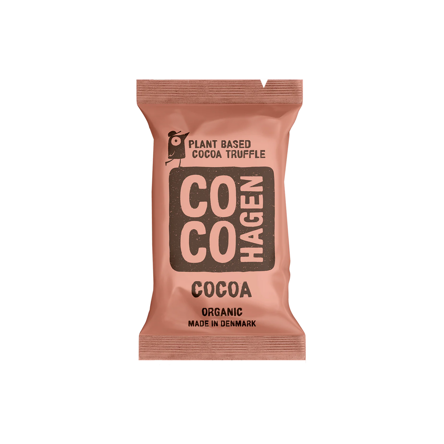 CocoHagen pflanzlicher Bio-Kakaotrüffel in rosafarbener Verpackung auf weißem Hintergrund, hergestellt in Dänemark