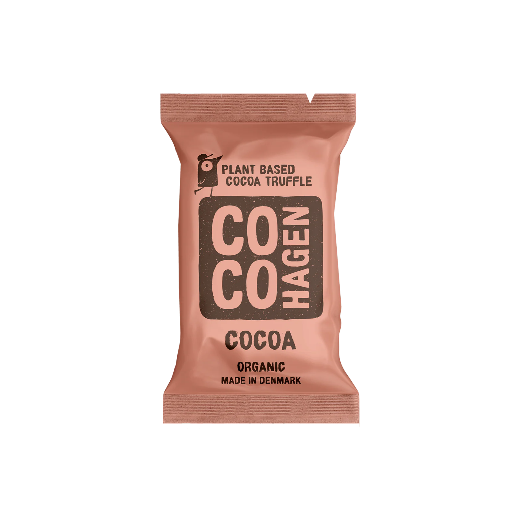 CocoHagen pflanzlicher Bio-Kakaotrüffel in rosafarbener Verpackung auf weißem Hintergrund, hergestellt in Dänemark