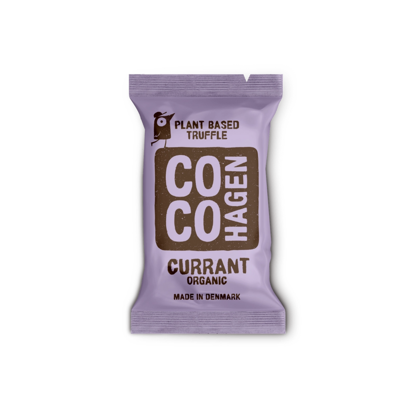 CocoHagen Bio-Johannisbeertrüffel auf pflanzlicher Basis in violetter Verpackung, hergestellt in Dänemark