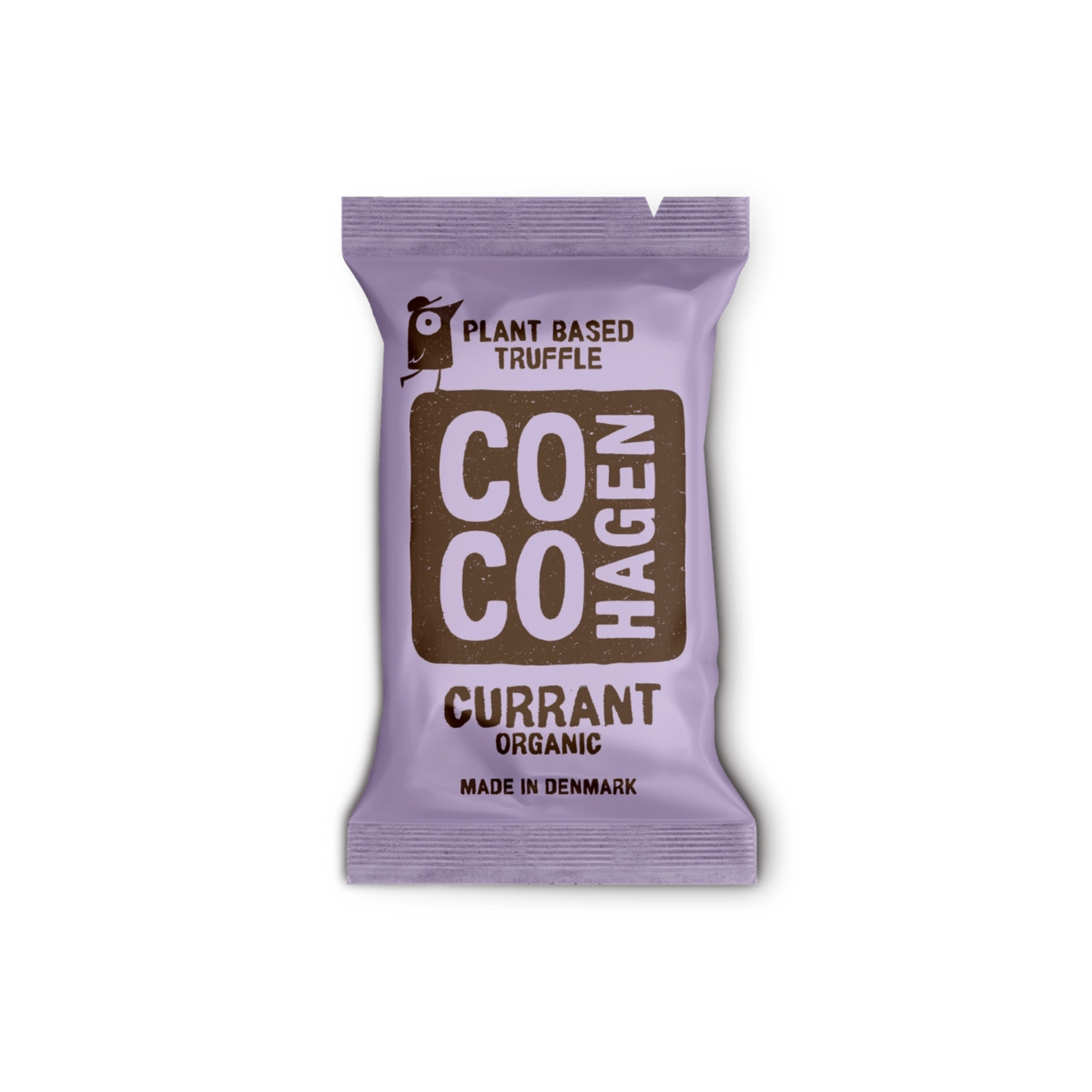 CocoHagen Bio-Johannisbeertrüffel auf pflanzlicher Basis in violetter Verpackung, hergestellt in Dänemark