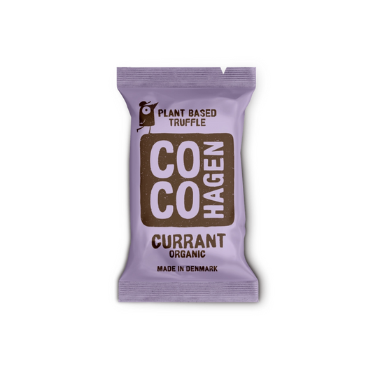 CocoHagen Bio-Johannisbeertrüffel auf pflanzlicher Basis in violetter Verpackung, hergestellt in Dänemark