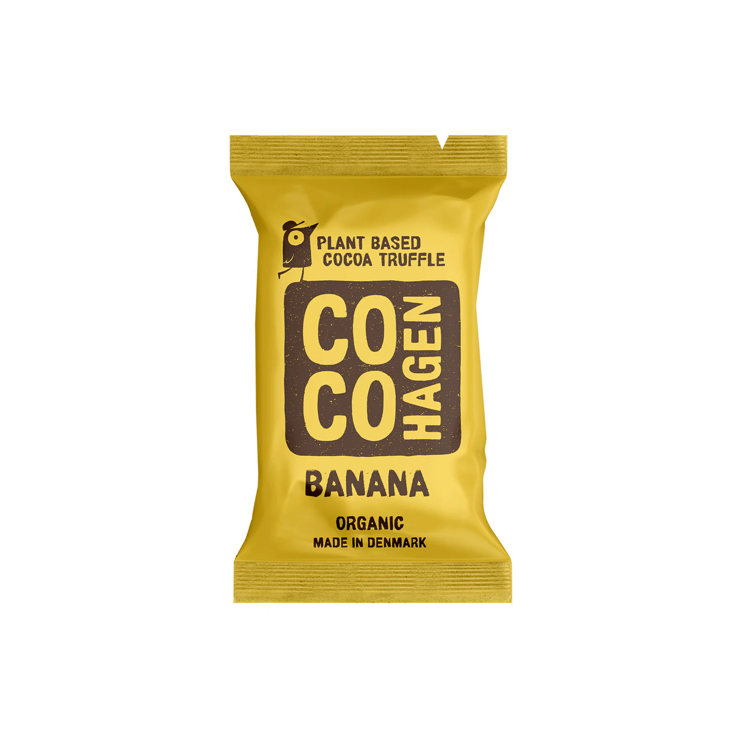 Pflanzlicher Bio-Bananen-Kakaotrüffel von CocoHagen in leuchtend gelber Verpackung auf weißem Hintergrund, hergestellt in Dänemark