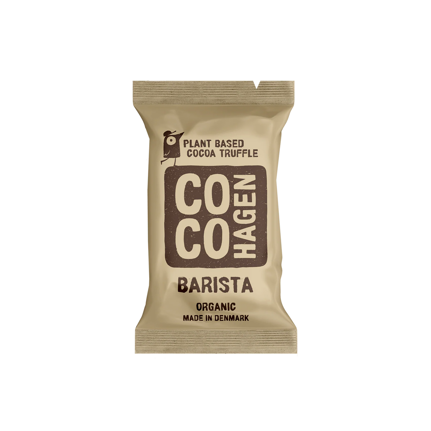 CocoHagen Bio-Barista-Trüffel in cremefarbener Verpackung, hergestellt in Dänemark