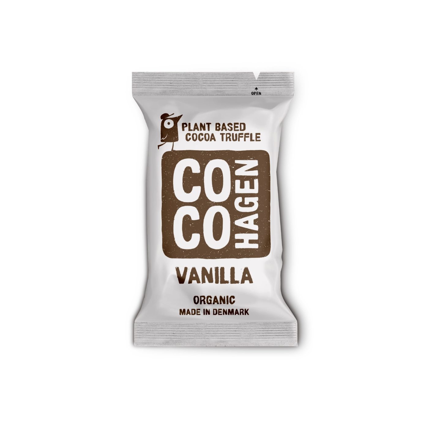 Pflanzlicher Bio-Vanilla-Kakaotrüffel von CocoHagen in weißer Verpackung auf weißem Hintergrund, hergestellt in Dänemark
