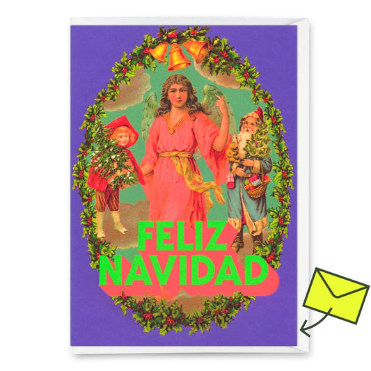 Weihnachtskarte mit drei Figuren in traditioneller Kleidung, umrahmt von einem Kranz aus Tannenzweigen und goldenen Glocken, Text 'FELIZ NAVIDAD' in grüner Schrift auf violettem Hintergrund.
