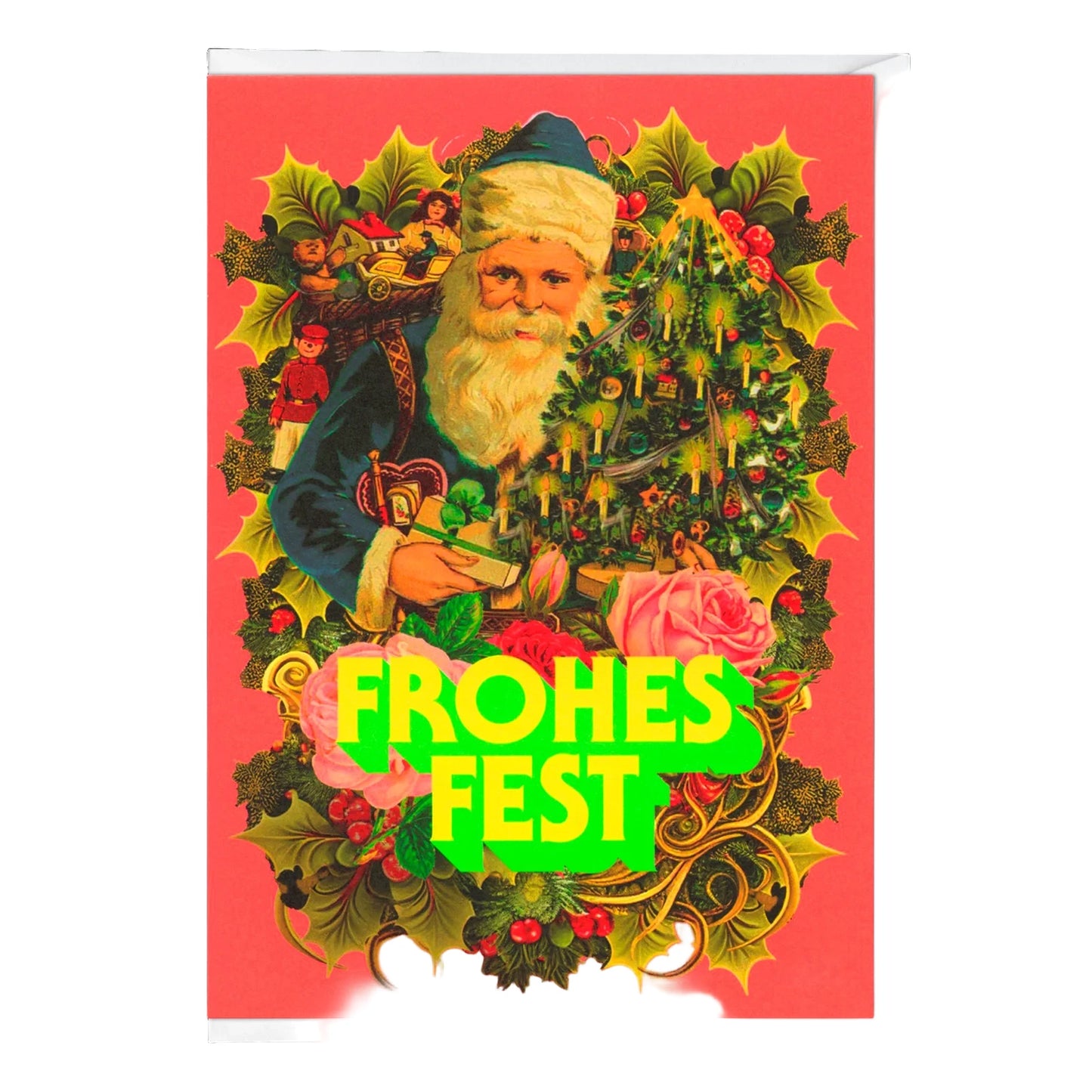 Weihnachtsmann mit grünem Mantel trägt Geschenke und geschmückten Weihnachtsbaum, umgeben von Stechpalmenblättern und Rosen, Text 'FROHES FEST' in grüner Schrift.