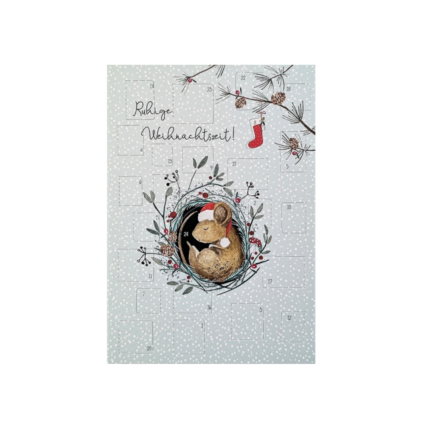 Adventskalender-Adventskalender mit Maus im Nest, Tannenzweigen, Zapfen und rotem Weihnachtsstrumpf, Text 'Ruhige Weihnachtszeit!'