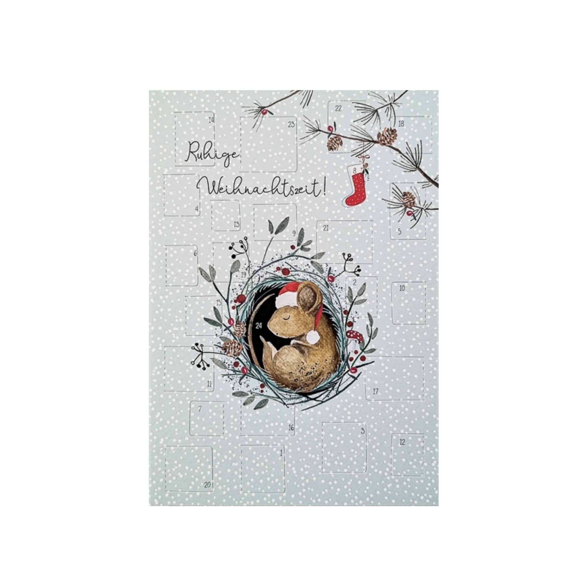 Adventskalender-Adventskalender mit Maus im Nest, Tannenzweigen, Zapfen und rotem Weihnachtsstrumpf, Text 'Ruhige Weihnachtszeit!'